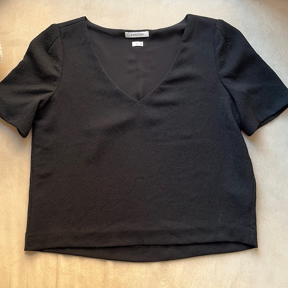 Aritzia Babaton Black V Neck Cropped Blouse